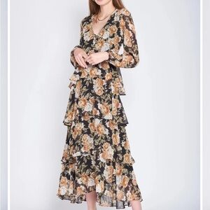 En Saison Black and Cream Floral Long Sleeve Dress